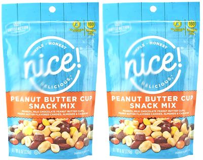 Peanut Butter Lover&#39;s Nice Trail Mix - Peanuts, Milk Chocolate PB Cups, Flavored Candies, Almonds Cashews, 8oz Snack Snacking Food Dessert Treat Bag - 2 Pack