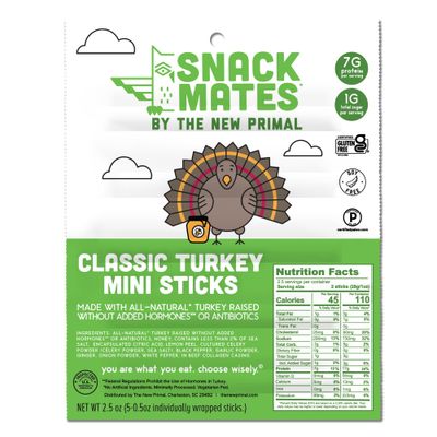 Snack Mates by The New Primal, Turkey Stick, All-Natural Turkey, High Protein and Low Sugar Kids Snack, Certified Paleo, Certified Gluten-Free, Lunchbox Friendly, 0.5 oz, Pack of 5