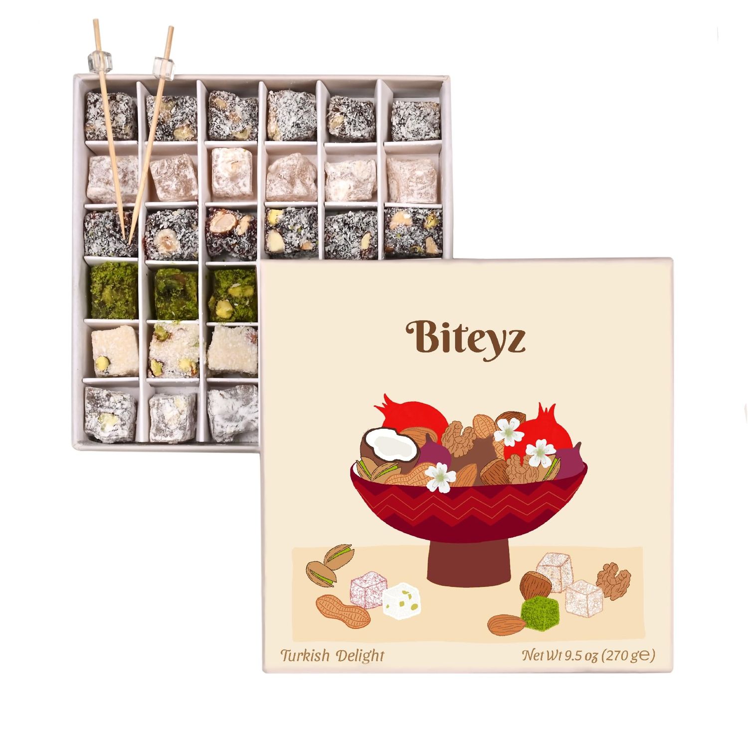 Biteyz Nutty Turkish Delight, Vegan Candy Gift Box - Assorted Gourmet Treats with Pistachios, Walnuts, Hazelnuts, Almonds, Peanuts, and Coconut, 36 Pieces of Luxury Handmade Vegan Snacks