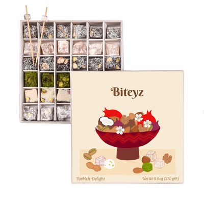 Biteyz Nutty Turkish Delight, Vegan Candy Gift Box - Assorted Gourmet Treats with Pistachios, Walnuts, Hazelnuts, Almonds, Peanuts, and Coconut, 36 Pieces of Luxury Handmade Vegan Snacks
