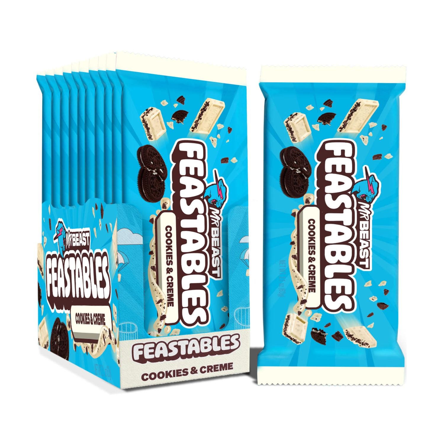Feastables by MrBeast New Cookies &amp; Creme KING Size Chocolate Bar, 2.1oz (60g), 10 count - Amazing Cookies and Cream flavor