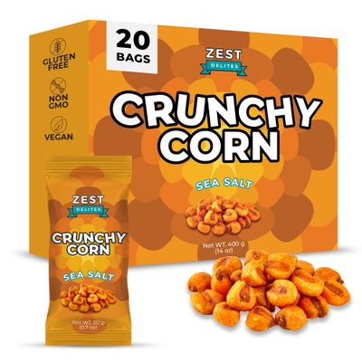 Crunchy Corn Snacks by Zest Delites, Sea Salt Roasted Corn, 0.7oz x 20 Packs, Nuts-Like Crunch, Gluten Free, Vegan, NON-GMO, Healthy Snacks for All Ages, Alternative to Corn Chips &amp; Crisps