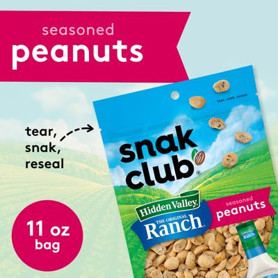 Snak Club Peanuts with Hidden Valley Ranch Seasoning, Roasted Nuts, Gluten-Free and Kosher Snack, 11 oz Resealable Bag