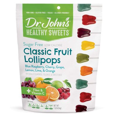 Dr. Johns Sugar Free Candy, Healthy Lollipops with Zero Sugar, Low Calorie Snacks, Keto Friendly Hard Candy Sweets, Classic Fruit Tooth, 60 Count, 1 LB