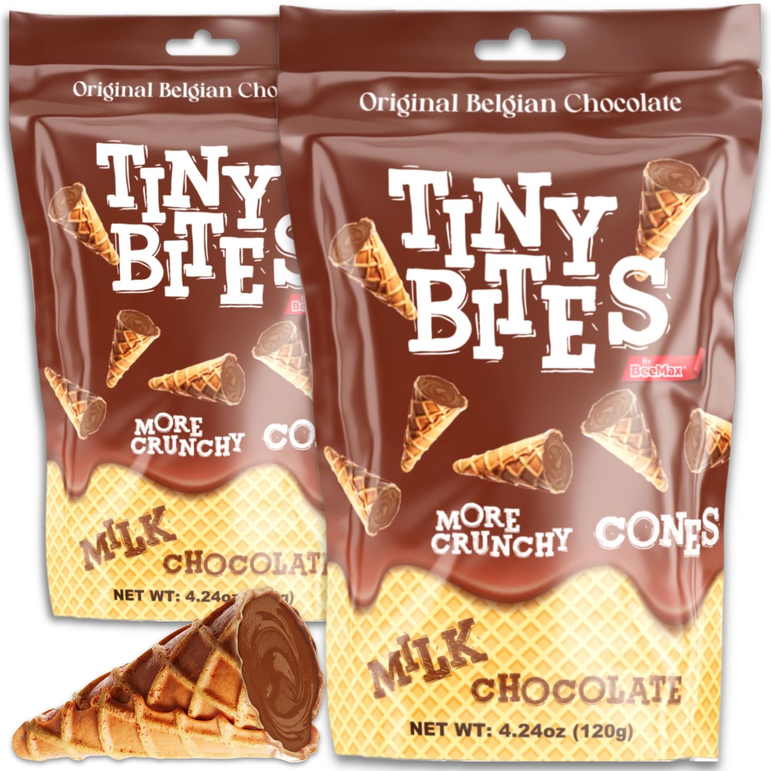 Tiny Bites - Crispy Mini Waffle Cones Treats - Premium Belgian Chocolate, 4.24 oz Bag (Pack of 2) - Delicious Variety of Flavors, Perfect Snack, Dessert, or Ice Cream Topping (2 Pack, Milk Chocolate)