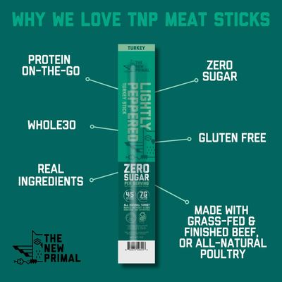 The New Primal Lightly Peppered Turkey Sticks, Keto, Gluten Free Healthy Snacks, Sugar Free Low Carb High Protein, Jerky Meat Stick, 7g Protein, 20 Ct