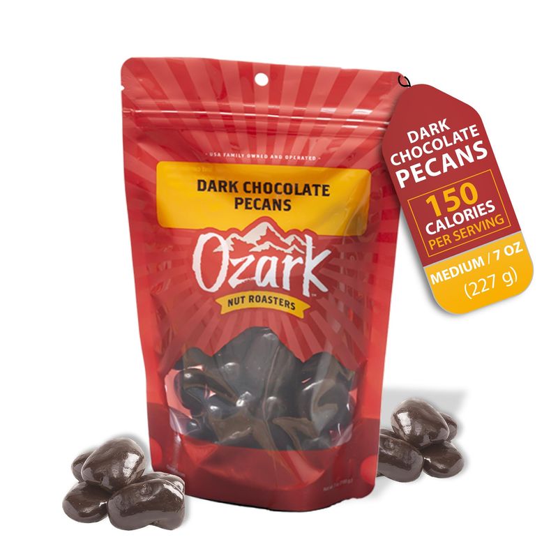 OZARK NUT ROASTERS, Dark Chocolate Pecans, Flavored Snack Nuts, Velvety Dark Chocolate, World-Class Gourmet Candied Peanuts, Resealable Pack (7.0 oz)