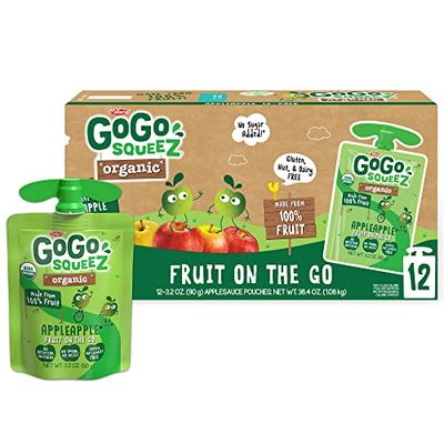GoGo squeeZ Organic Applesauce and Fruit Puree, Variety Pack, Apple, Strawberry &amp; Banana, 3.2 oz (Pack of 12), Unsweetened Organic Fruit Snacks for Kids, No Gluten, Nut &amp; Dairy, BPA Free Pouches