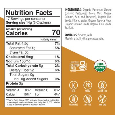 Primal Thin Crackers (Parmesan)(Organic)(Low Carb, Gluten-Free, Grain-Free) (8.4oz) (Package May Vary)