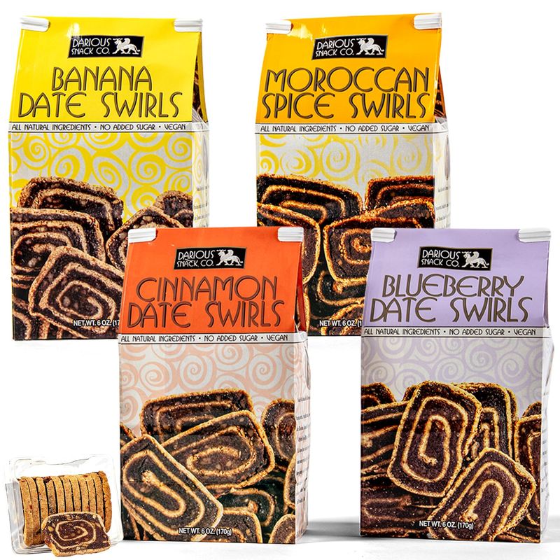 Darious Snack Co VEGAN and PALEO Date Swirls Variety Pack - Gourmet Assortment of Moroccan Spice, Banana, Blueberry, and Cinnamon Flavors for a Delightful Breakfast and Tea Time Treat - 4-Pack