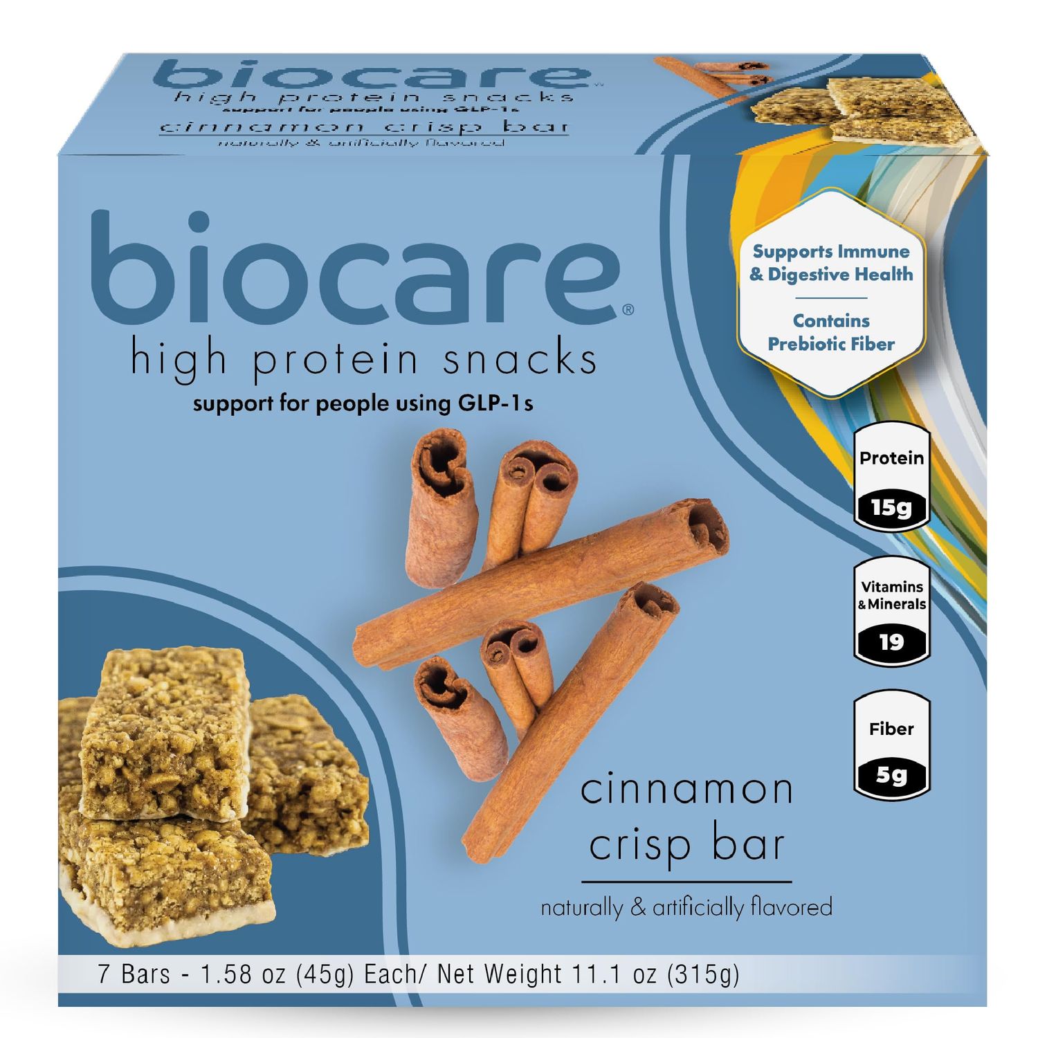 Biocare High Protein Snack Bar, Provides 15g Essential Protein, 5g Dietary Fiber, Cinnamon Crisp (7 Count)