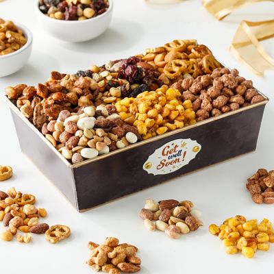 Broadway Basketeers Get Well Soon Nuts Gift Basket - Assorted 10 Gourmet Nuts, Trail Mixes, Sweets Snack Food Box, Healthy Gifts for After Surgery, Men &amp; Women, Corporate