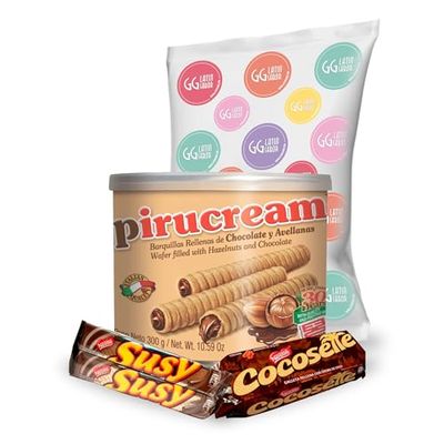 Venezuela Snacks Sweet Pack: COCOSETTE Cookie Wafers 50 gr (4 Pack)  SUSY Cookie Wafers 50 Gr (4 pack)  Pirucream Wafer Filled with Hazelnut and Chocolate Can 300 gr Plus Gift