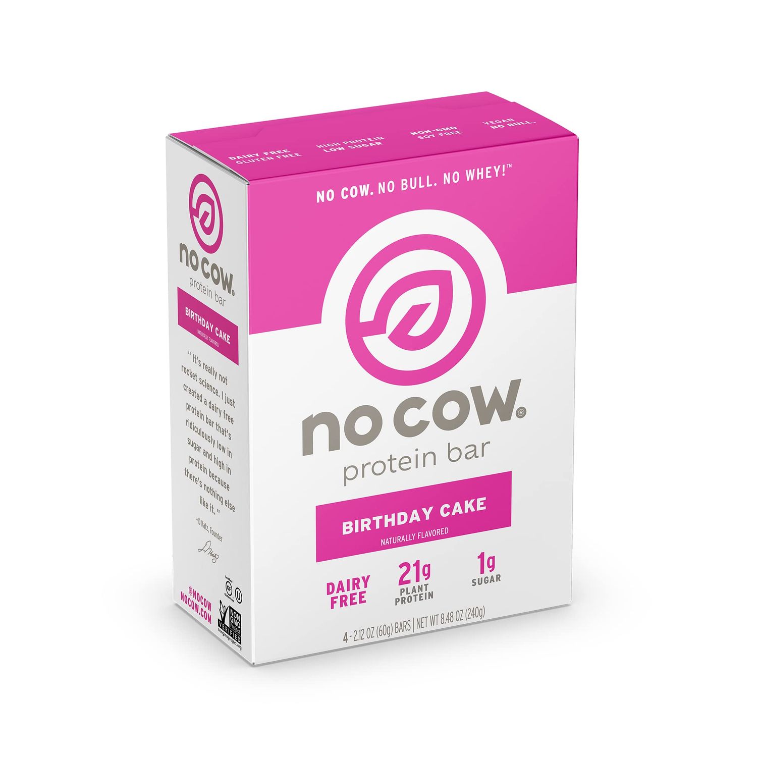 No Cow High Protein Bars, Birthday Cake, 21g Plant Based Vegan Protein, Keto Friendly, Low Sugar, Low Carb, Low Calorie, Gluten Free, Naturally Sweetened, Dairy Free, Non GMO, Kosher, 4 Pack