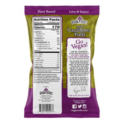 Vegan Rob's Puffs Cauliflower, Snack Bags 1.25(Pack of 12) , Probiotic Cauliflower, 15 Oz