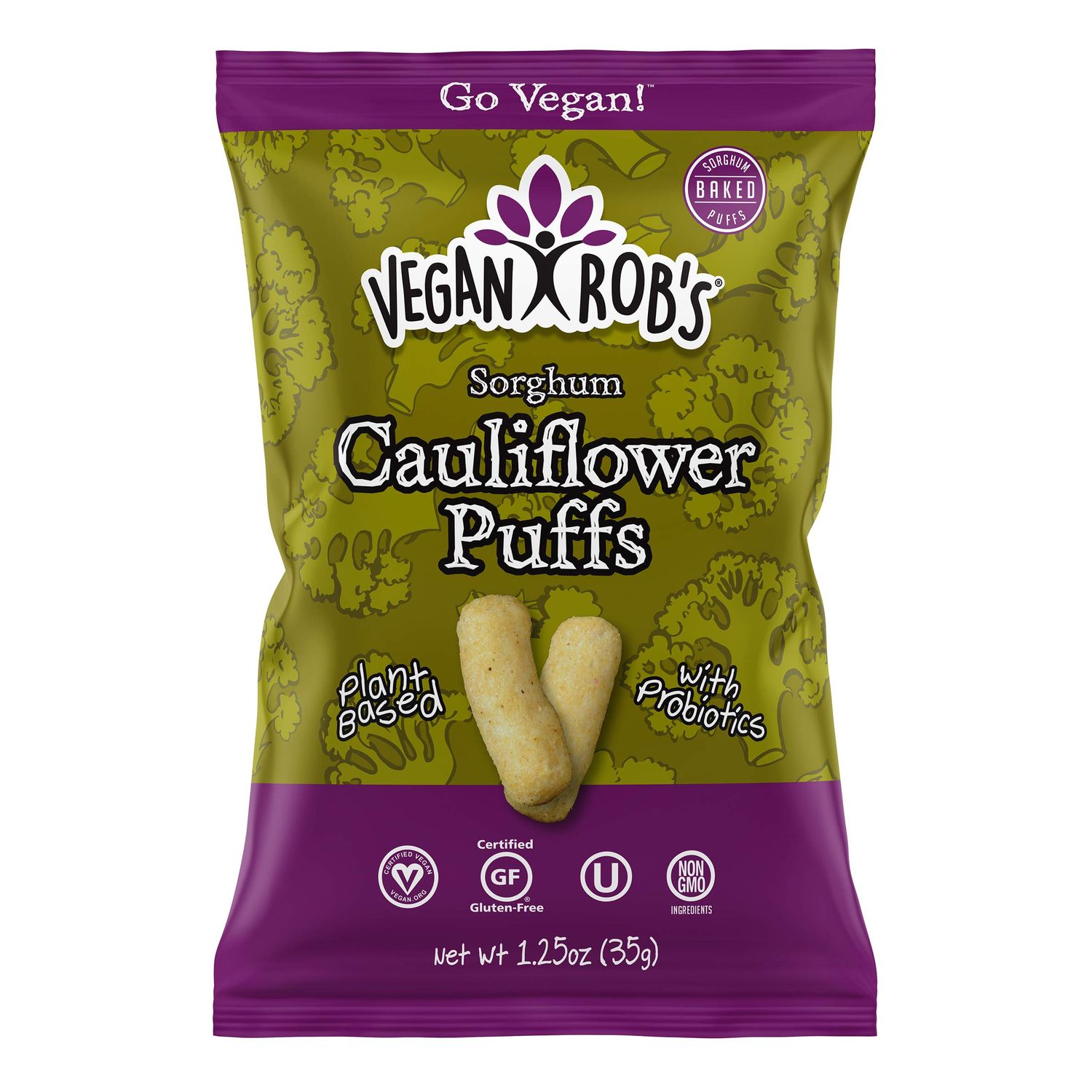 Vegan Rob&#39;s Puffs Cauliflower, Snack Bags 1.25(Pack of 12) , Probiotic Cauliflower, 15 Oz
