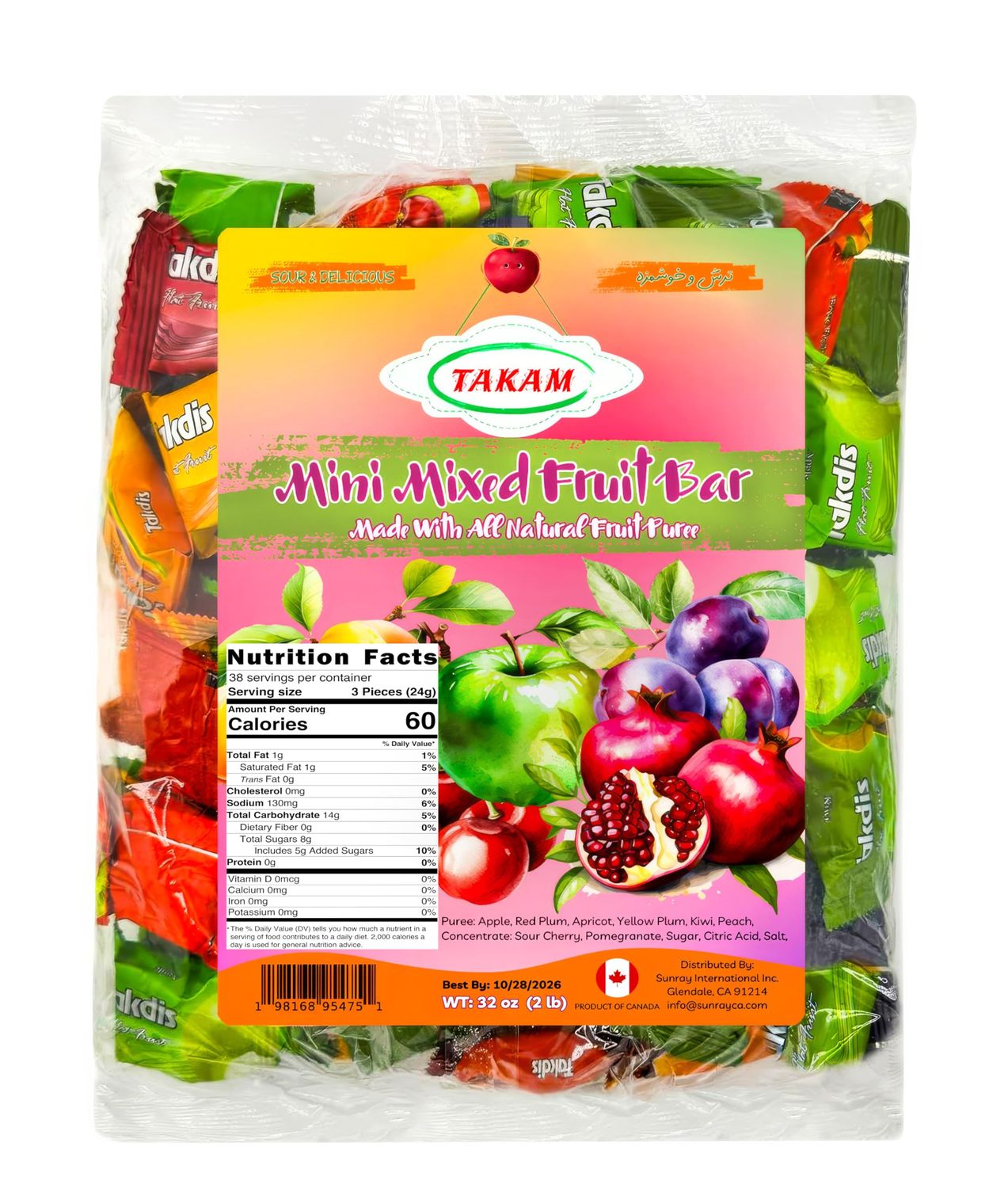Mini Fruit Bars, Individually Wrapped, Mixed Flavors Lavashak Bites, Sweet &amp; Sour All Natural, 2 lbs