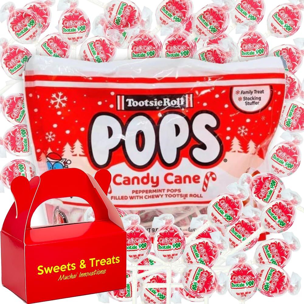 Candy Cane Lollipop | Peppermint Pops Filled with Chewy Tootsie Roll | Gluten &amp; Peanut Free | Christmas Holiday Snack Stocking Stuffer Beverage Stirrer Craft Deco Gift | Muchai Treat Box (1 Bag)