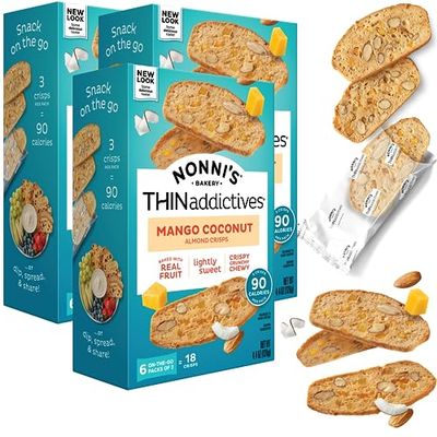 Nonni&#39;s THINaddictives Almond Thin Cookies - 3 Boxes Mango &amp; Coconut Almond Cookies - Sweet Crunchy &amp; Chewy Almond Cookie Thins - Biscotti Individually Wrapped Cookies - Kosher Coffee Cookies - 4.4 oz