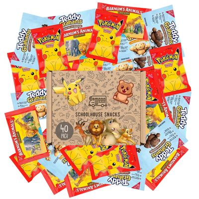 Schoolhouse Snacks Graham Cracker Snacks Variety Pack, Snacks for Kids, Lunch Snacks that include Pokemon graham snacks, Barnum&#39;s animal crackers and Teddy Grahams 40pk