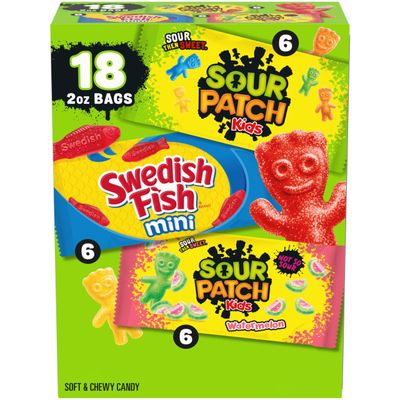 SOUR PATCH KIDS and SWEDISH FISH Mini Soft &amp; Chewy Candy Variety Pack, Bulk Candy, Valentines Day Candy, 18-2 oz Bags