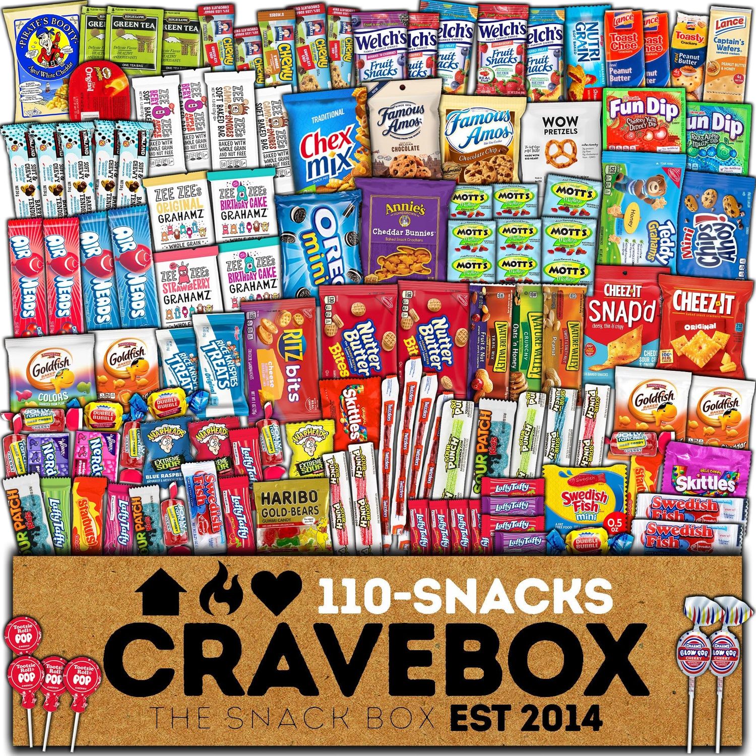 CRAVEBOX Snack Box (110 Count) Valentines Day Variety Pack Care Package Gift Basket Adult Kid Guy Girl Women Men Birthday College Student Office College Back to School