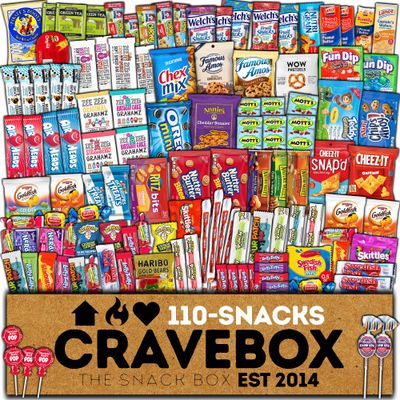 CRAVEBOX Snack Box (110 Count) Valentines Day Variety Pack Care Package Gift Basket Adult Kid Guy Girl Women Men Birthday College Student Office College Back to School