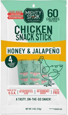Mighty Spark Chicken Snack Sticks, Honey &amp; Jalapeo, 60 Calories per Stick, Gluten Free, 4 Sticks, 4 Ounce (Pack of 8)