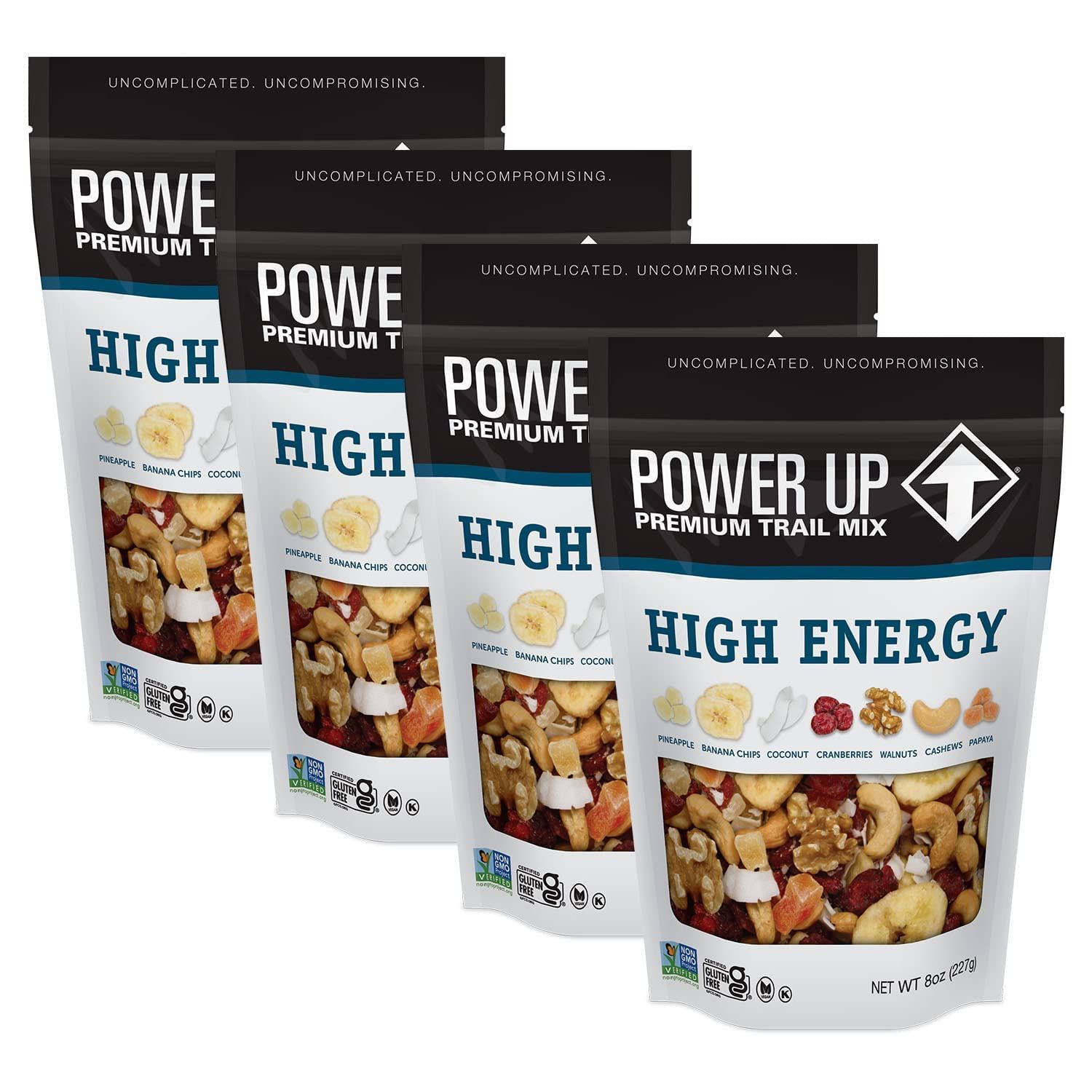 Power Up High Energy Trail Mix By Gourmet Nut, Walnuts, Banana Chips, Cashews, Coconut, Cranberries &amp; Papaya Mix - Keto &amp; Paleo Friendly Snacks - Non GMO Vegan Gluten Free Kosher, 8oz Bags, Pack of 4