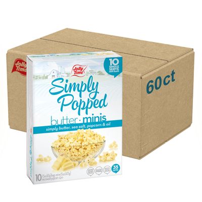 Jolly Time Simply Popped Minis, Lightly Salted Microwave Popcorn, 1.5oz Personal Bag, 10 Bags Per Carton (Simply Popped Butter Minis, 1.5 Ounce (Pack of 60))