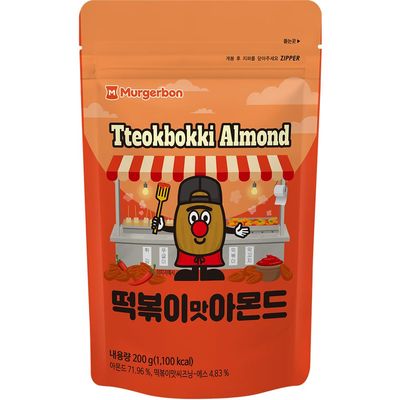 Official MURGERBON Tteokbokki Almond, Sweet &amp; Hot wCrunch, High Protein, Resealable Zip Pouch, Snack for Kids, School, Office (1x7 oz)