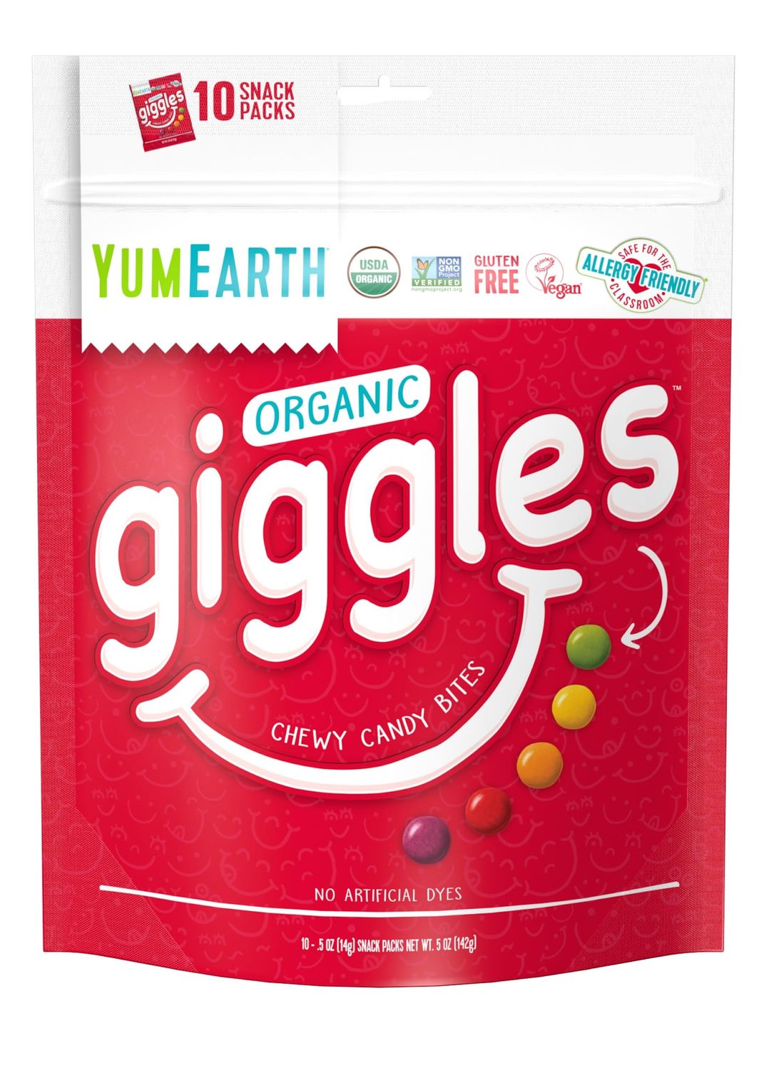 YumEarth Organic Giggles Chewy Candy - Allergy Friendly (Top 9 Free), No Artificial Dyes or Flavors, Non GMO, Gluten Free, Vegan - Individually Wrapped Fruity Snack Packs - 0.5 Ounce (Pack of 10)