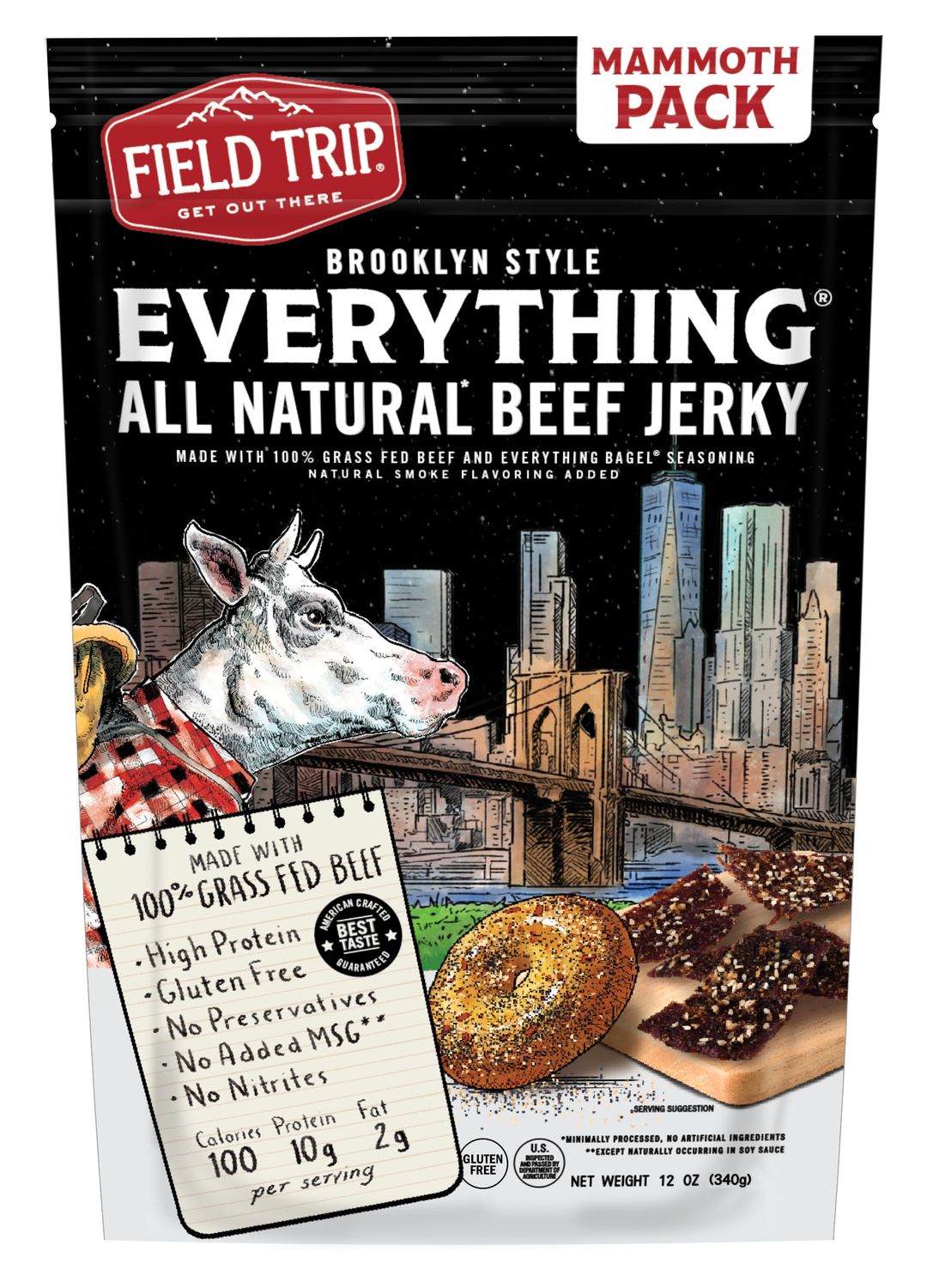 Field Trip Grass Fed Beef Jerky, Healthy Gluten Free Snacks, All Natural, Paleo-Friendly Meat Snacks, High Protein, Low Carb Snack with No Nitrates, 12oz Bag, Everything Bagel