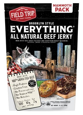 Field Trip Grass Fed Beef Jerky, Healthy Gluten Free Snacks, All Natural, Paleo-Friendly Meat Snacks, High Protein, Low Carb Snack with No Nitrates, 12oz Bag, Everything Bagel