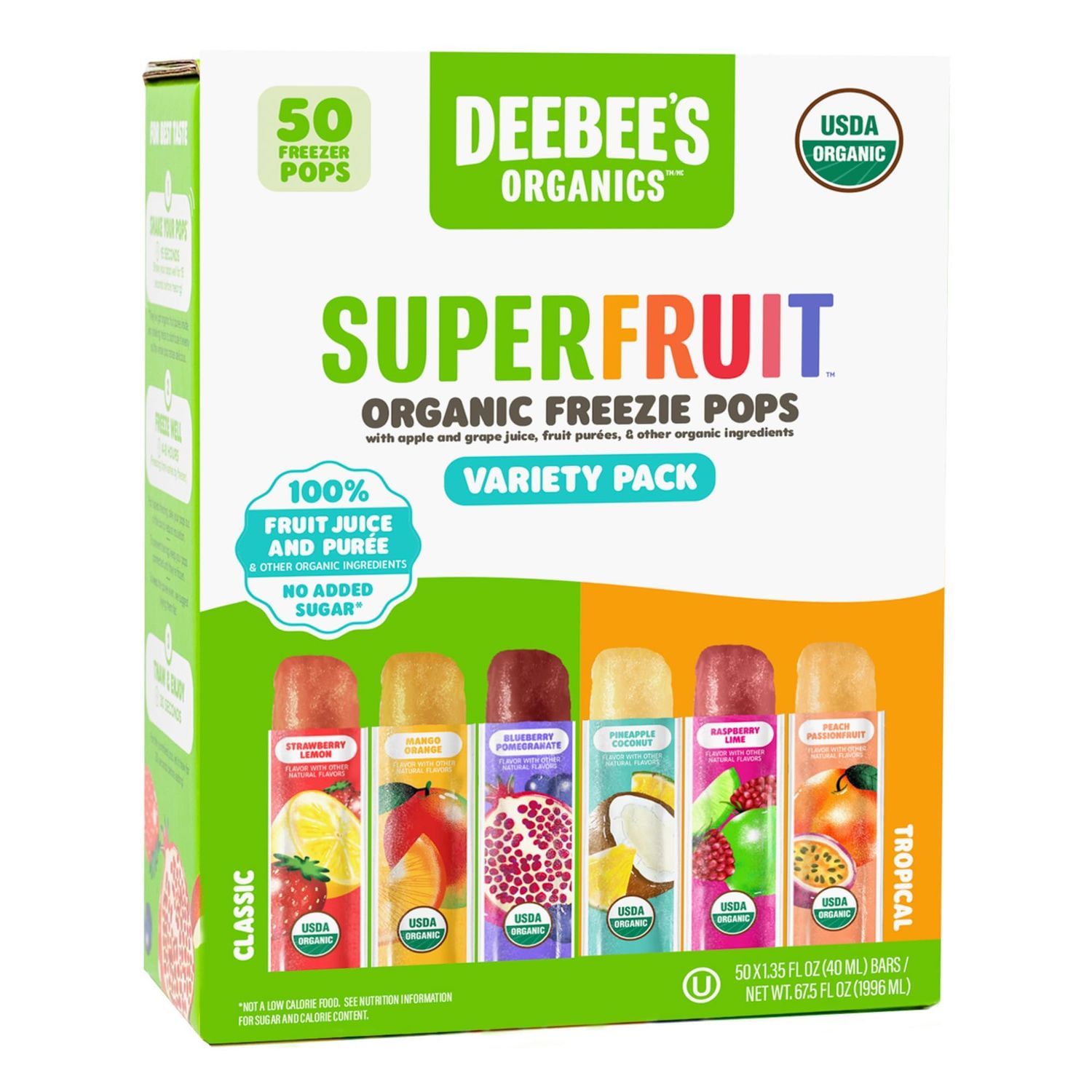 DeeBee&#39;s Organics SuperFruit Freezie Pops Variety Pack, No Added Sugars, No Artificial Flavors or Colors (Pack of 50)