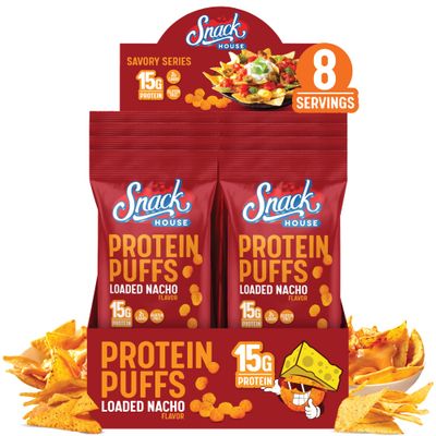 Snack House High Protein Puffs - Low Carb Snacks, 15g of Protein, Healthy Gluten &amp; Grain Free Snack Food - Low Calorie Guilt Free Keto Diet Friendly | 1g Sugar - Loaded Nacho Flavor - 8 Pack