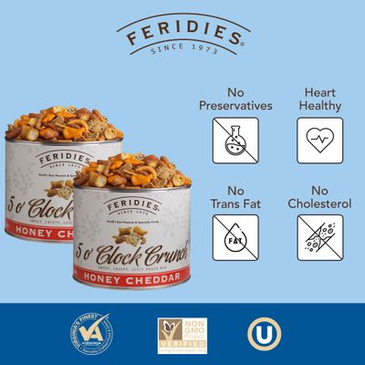 FERIDIES 5 O'Clock Crunch Honey Cheddar Snack Mix- Value 2 Pack - 28oz Vacuum Sealed Tins
