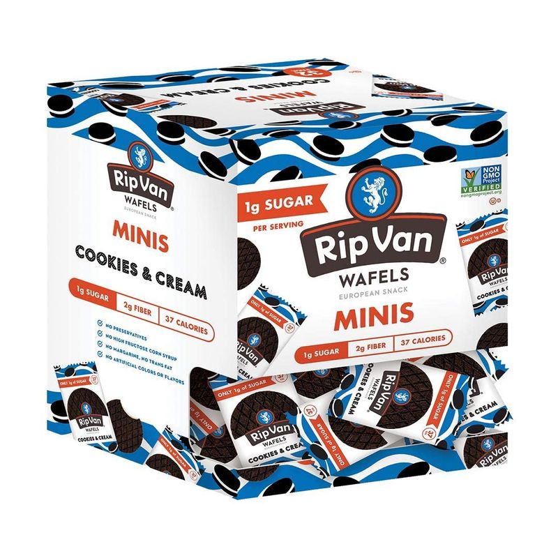 Rip Van Wafels Cookies &amp; Cream Mini Stroopwafels - Low Carb Snacks (3g Net Carbs) - Non GMO Snack - Keto Friendly - Office Snacks - Low Calorie Snack (37 Calories) - Low Sugar (1g) - 32 Pack