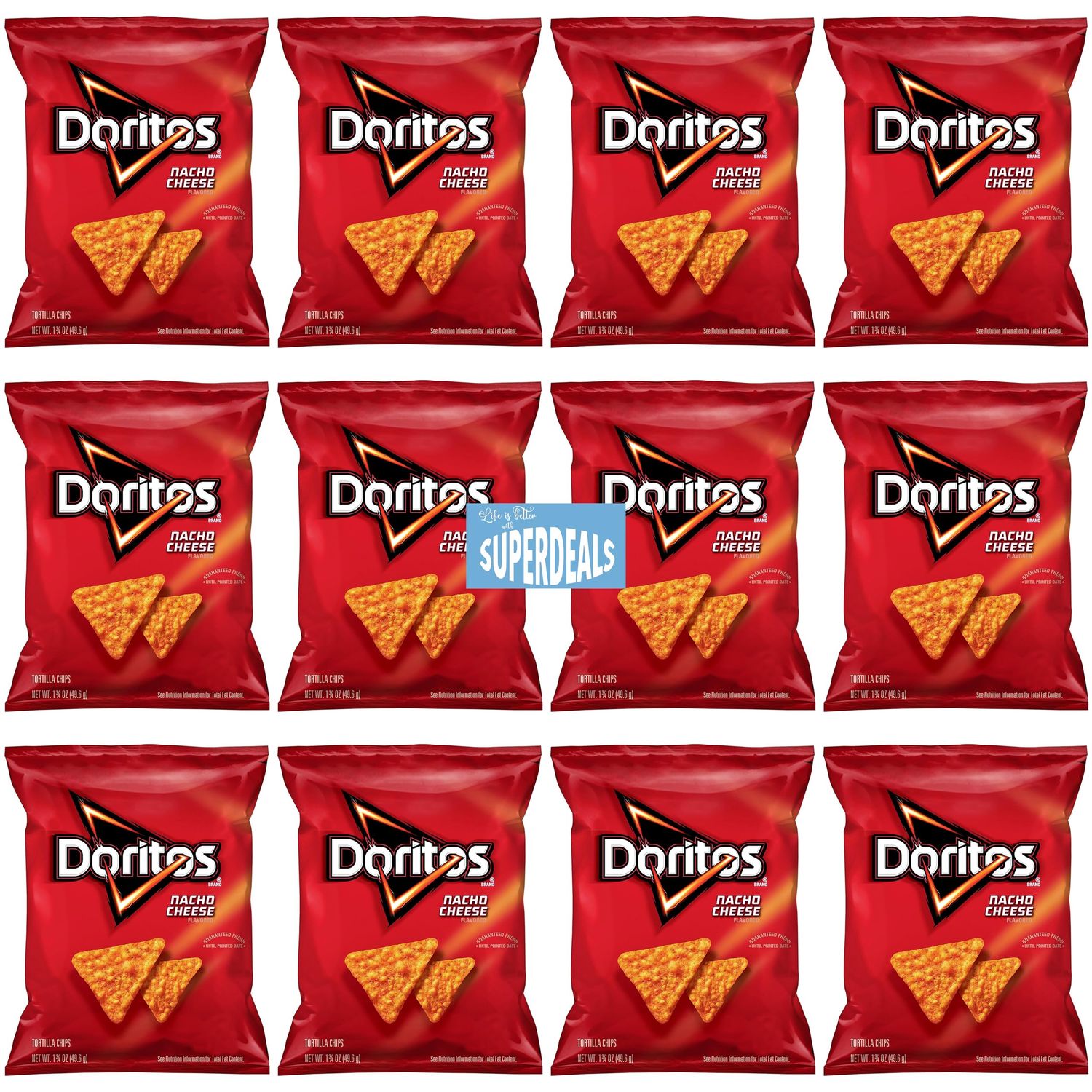 Doritos Flavored Tortilla Chips, Nacho Cheese, | Value Pack Bundled by SUPERDEALS | 1.75 Oz Bag | Nacho Cheese | Pack of 12 with mystery gift