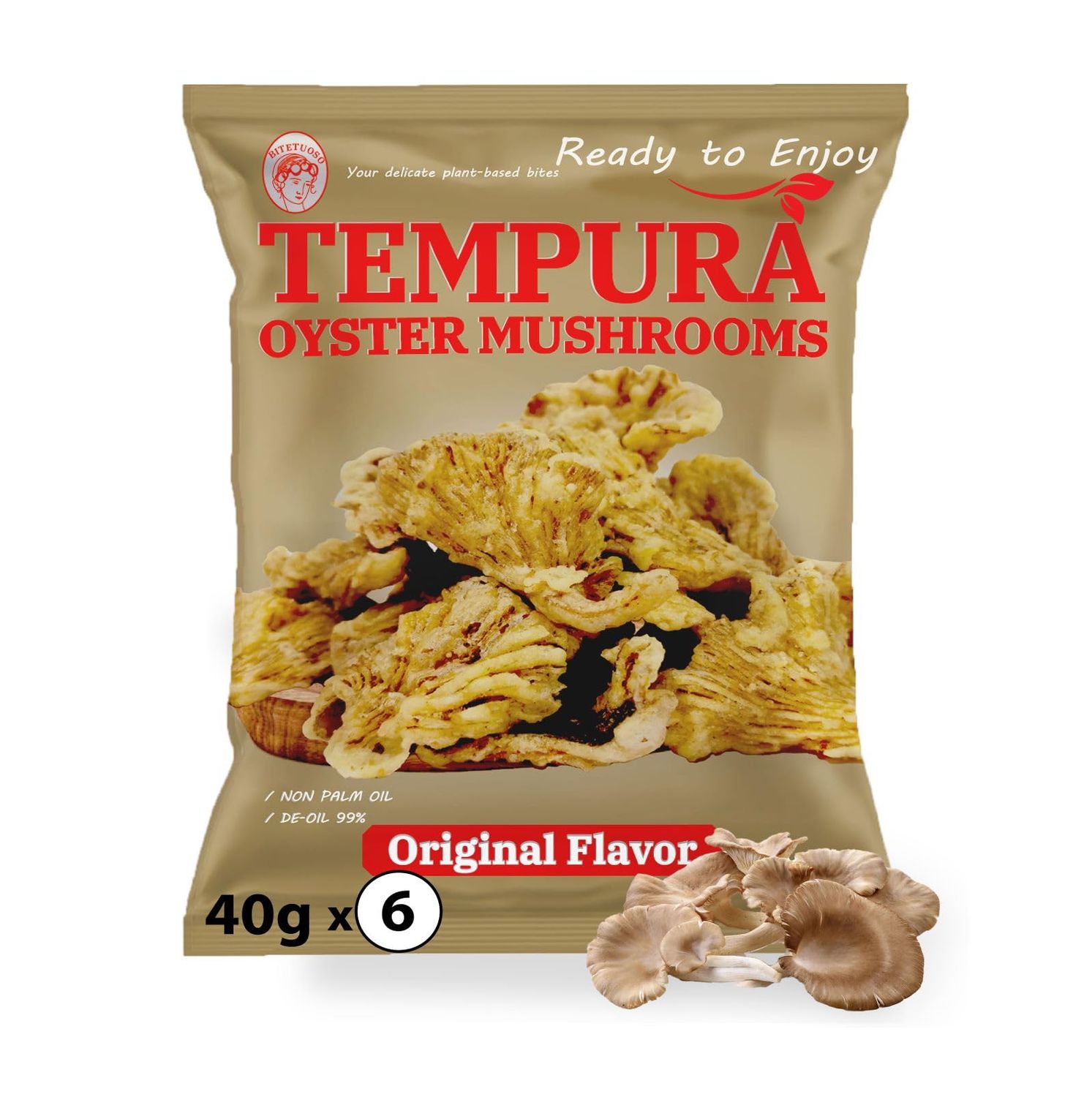 Original Tempura Oyster Mushroom Chips by Bitetuoso, 1.41 oz (Pack of 6) - Crunchy Plant-Based Chips, Dairy-Free, Vegan Gourmet, Vegetable snacks, No cooking required