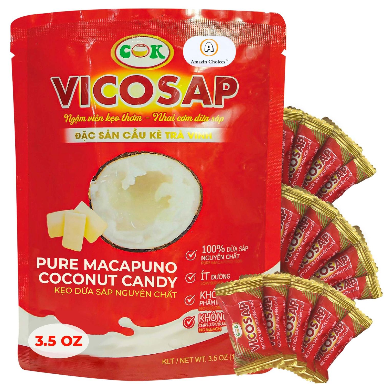 Amazin Choices Pure Macapuno Coconut Candy. Vietnamese Sweet Macapuno Coconut Candy. Low Sugar and Vegan Friendly Snacks for Parties - Viet Snack - Pack of One (3.5Oz)