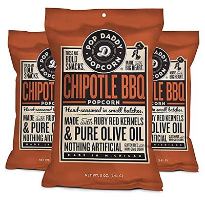 Pop Daddy Flavored Popcorn Gourmet | Chipotle BBQ Flavor Popped Popcorn | Hand Seasoned Ruby Red Kernels Gluten Free Healthy Popcorn Snacks | 5oz Popcorn Individual Bags | 3 Pack Popcorn Bag