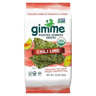 Gimme Seaweed - Chili Lime - Single 10g Pouch - Organic Roasted Seaweed Sheets - Keto, Vegan, Gluten Free - Great Source of Iodine &amp; Omega 3s - Healthy On-The-Go Snack for Kids &amp; Adults