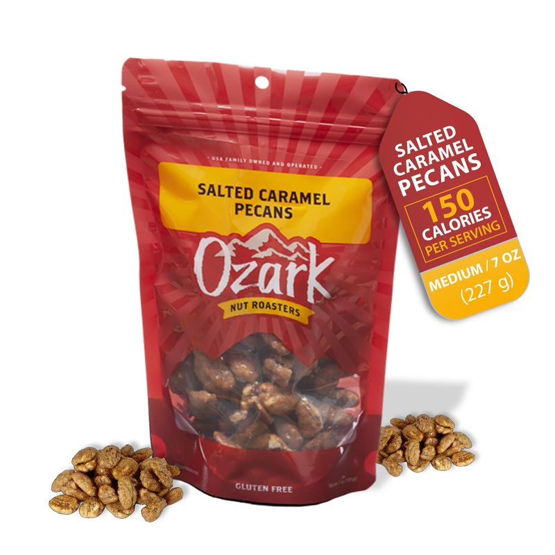 OZARK NUT ROASTERS, Salted Caramel Pecans, Sweet &amp; Salty Flavored Snack Nuts, World-Class Gourmet Candied Peanuts, Resealable Pack of 1 (7.0 Ounces)