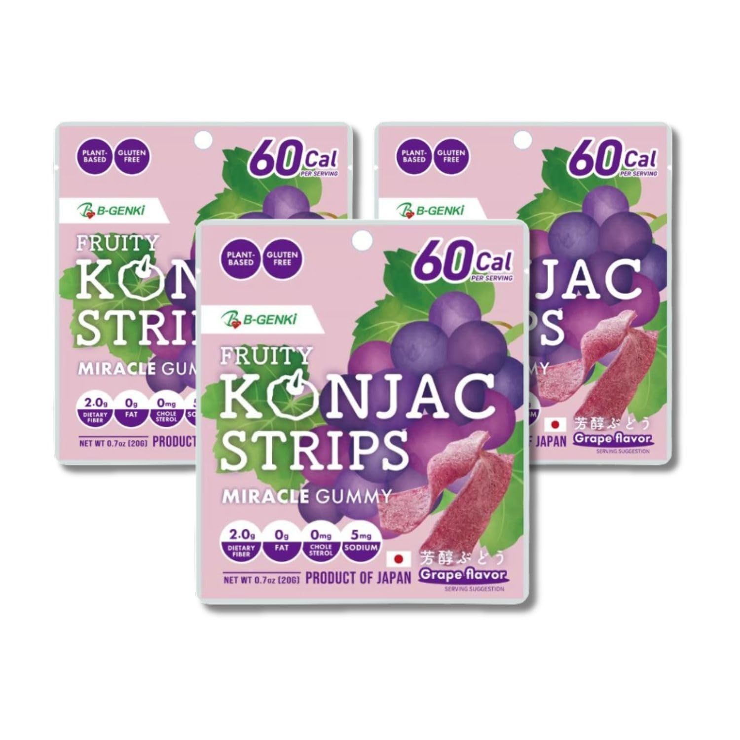 Fruity Konjac Strips Grape Flavor, Miracle Gummy, Plant-Based Healthy Snack, Gluten-Free, Made in Japan 0.7oz (20g) by B-GENKi (Pack of 3)