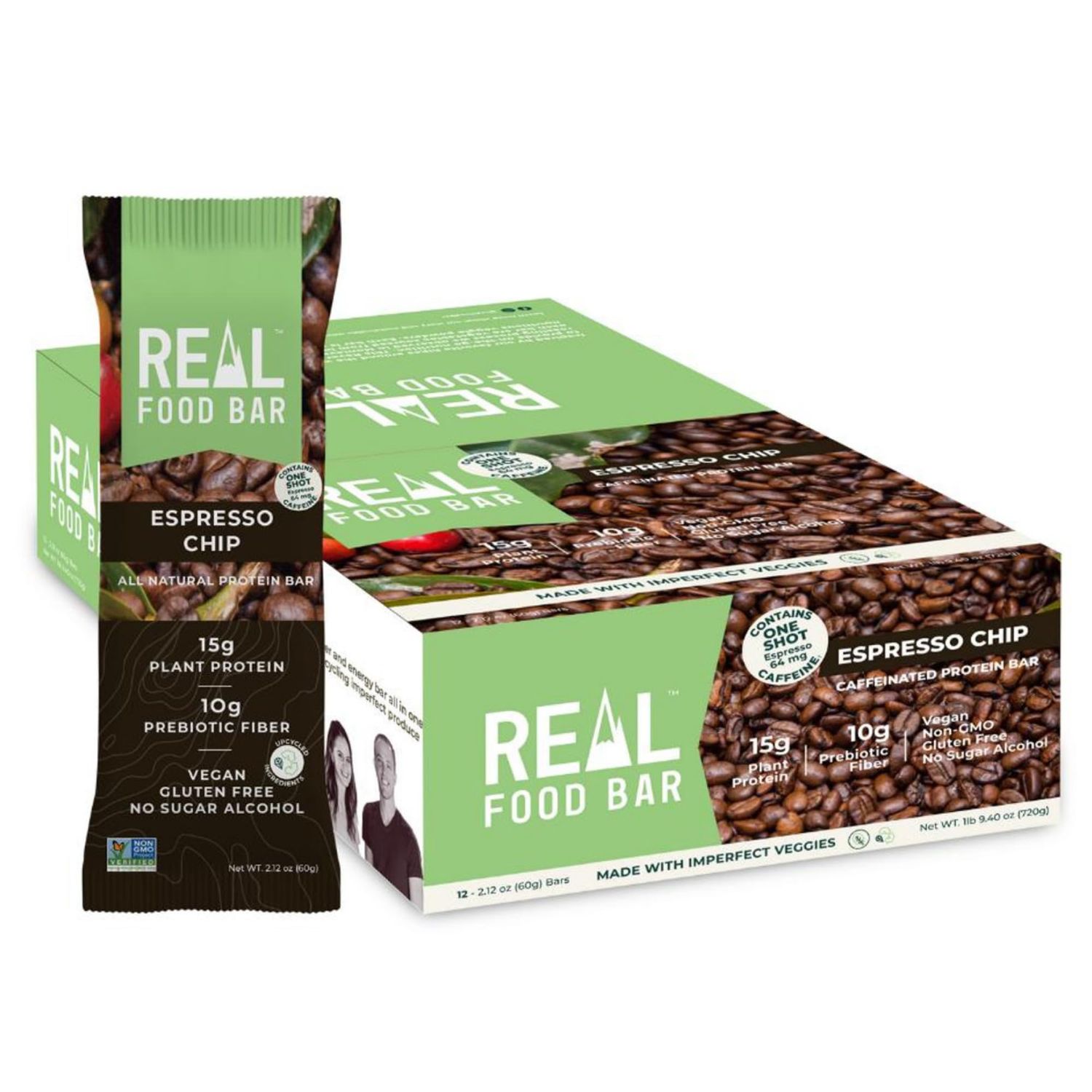 Just Real Food Bar - Plant Based Protein Bar - Espresso Chip - 12 Count - 15g Protein - High Energy, Paleo, Vegan, and Non GMO - Gluten Free, Dairy Free and Soy Free