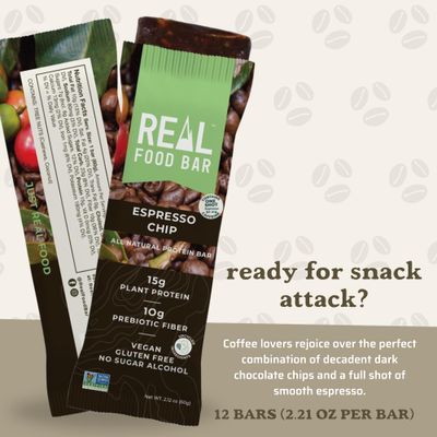 Just Real Food Bar - Plant Based Protein Bar - Espresso Chip - 12 Count - 15g Protein - High Energy, Paleo, Vegan, and Non GMO - Gluten Free, Dairy Free and Soy Free