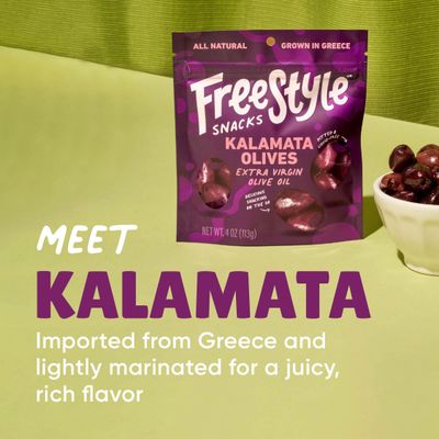 Freestyle Snacks, Olive Snack Packs - Fresh Pitted Kalamata Olives, Marinated in Extra Virgin Olive Oil, Salty Snack, Grown in Greece, All Natural, Non-GMO, Paleo, Keto Snacks - Kalamata, 4oz (3 Pack)
