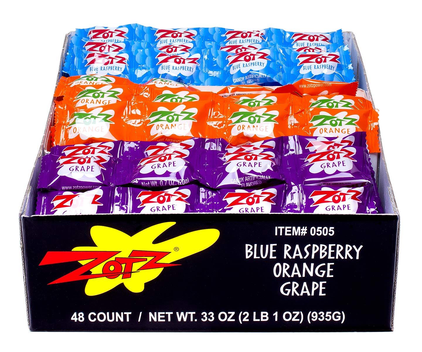 Zotz Fizz Power Candy Assorted - Fruit Flavored Hard Candy with a Fizzy Center | 48 Strings, 4 PiecesString | Blue Raspberry, Orange &amp; Grape | Gluten-Free