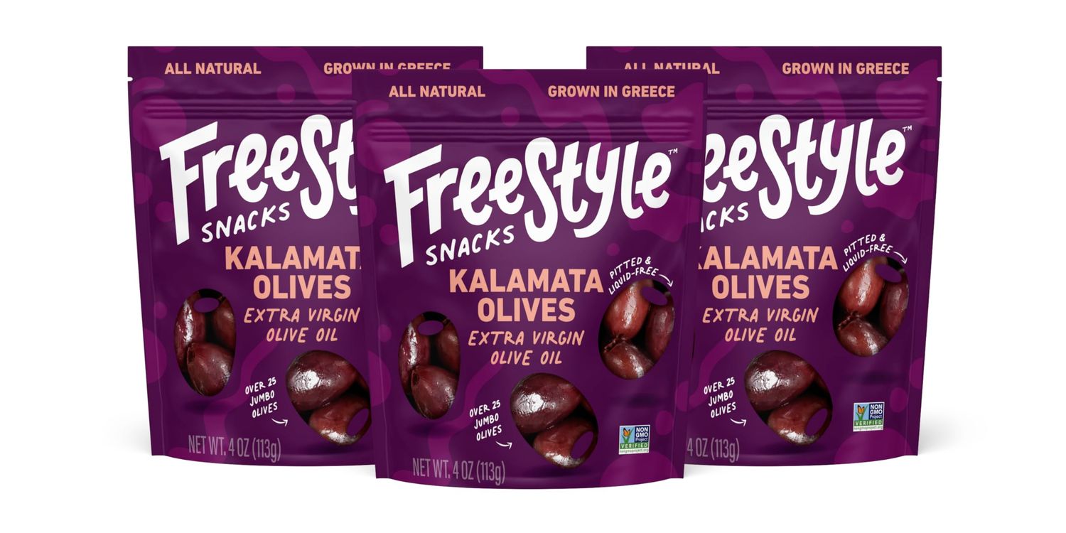 Freestyle Snacks, Olive Snack Packs - Fresh Pitted Kalamata Olives, Marinated in Extra Virgin Olive Oil, Salty Snack, Grown in Greece, All Natural, Non-GMO, Paleo, Keto Snacks - Kalamata, 4oz (3 Pack)